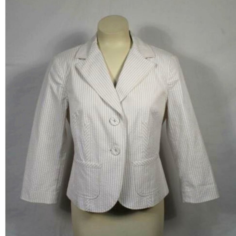 Sigrid Olsen Tan White Seersucker Stripe Blazer 8P